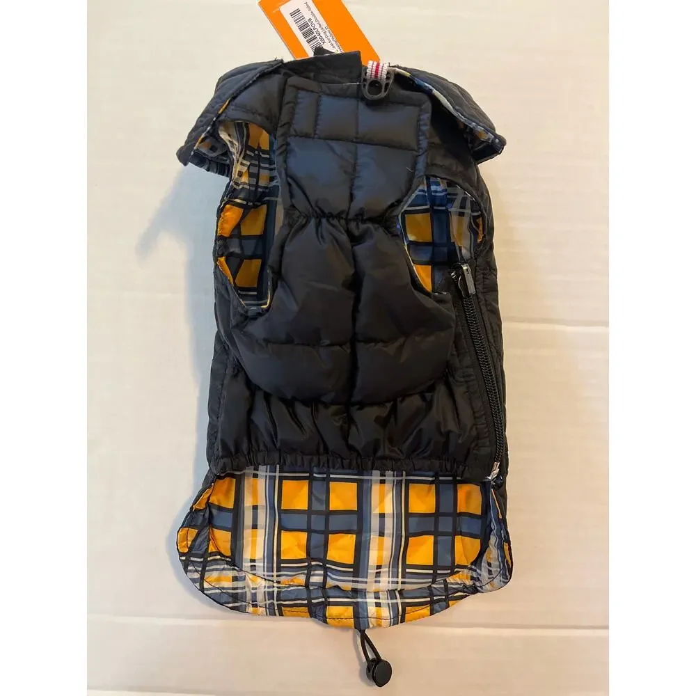 NWT Queeice Dog Puffer Vest Size Small Black Yellow Checked 2 Sided Zipper